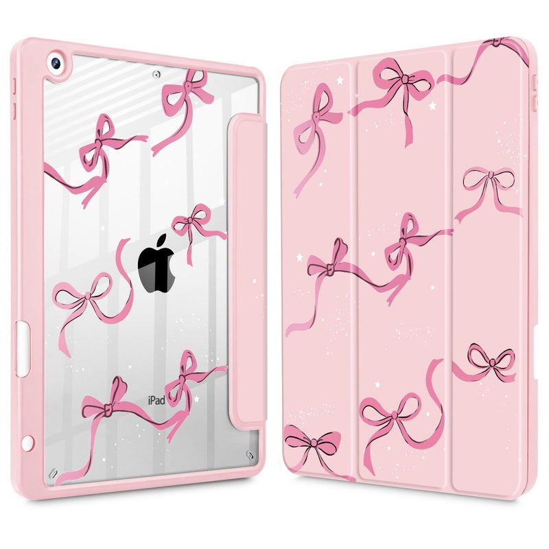May Chen for iPad 9th Generation with Pencil Holder, iPad 8th/7th Gen Case 10.2-inch, [Penceil Holder] Trifold Stand Auto Wake/Sleep Clear TPU Protection Back Cover, Pink Bows - Image 1