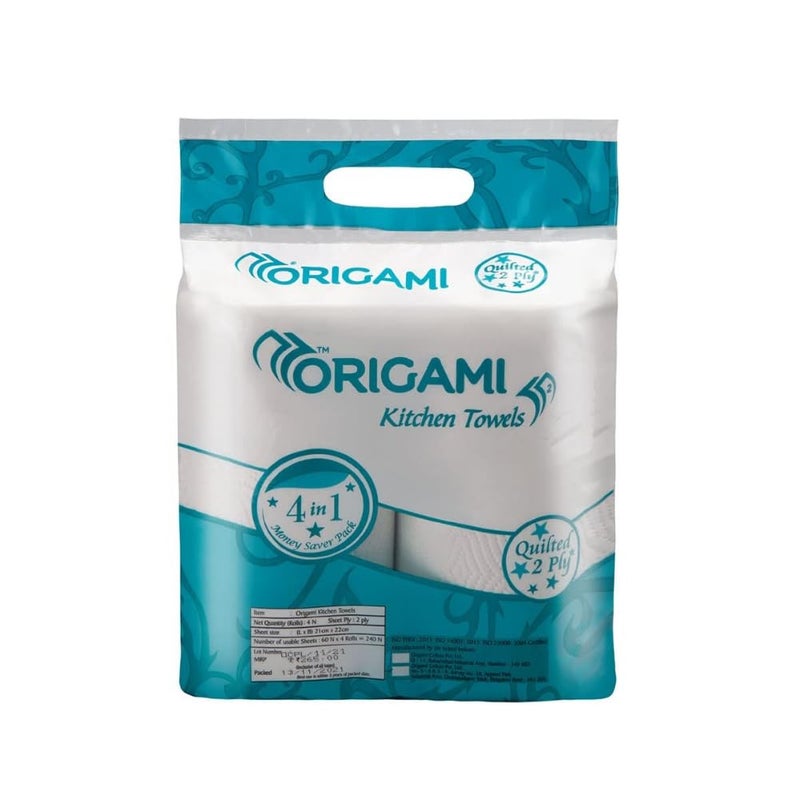 Origami 2 Ply Kitchen Tissue Paper Roll - Pack of 4 (60 Pulls Per Roll, 240 Sheets) - Image 2