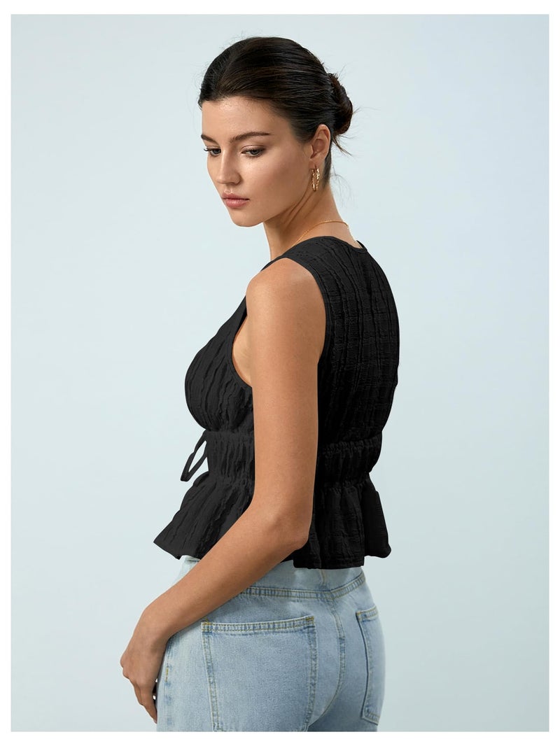 MakeMeChic Women's Tie Front Tank Top Sleeveless Ruffle Hem Crop Going Out Tops Black Large - Image 5