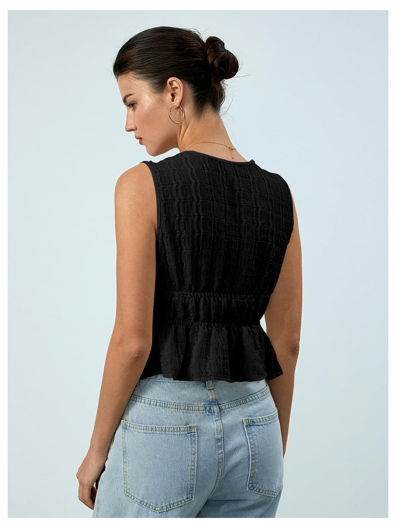 MakeMeChic Women's Tie Front Tank Top Sleeveless Ruffle Hem Crop Going Out Tops Black Large - Image 2