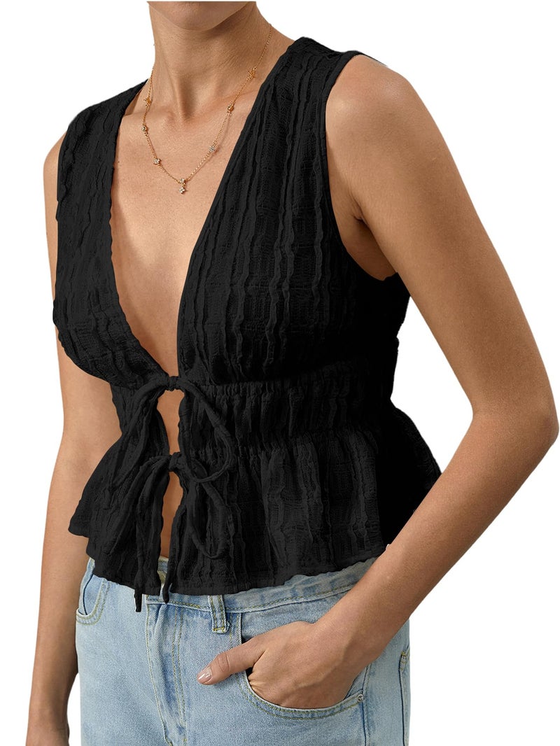 MakeMeChic Women's Tie Front Tank Top Sleeveless Ruffle Hem Crop Going Out Tops Black Large - Image 1