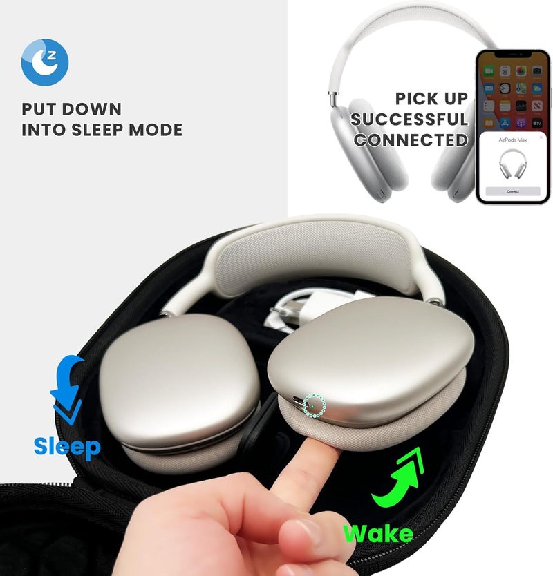 Mocamoro حقيبة ذكية لـ AirPods Max 2024 2020، حقيبة تخزين سفر صلبة تدعم وضع الاستيقاظ التلقائي والنوم، حقيبة تنظيم محمولة لـ Apple AirPods Max والشاحن والملحقات - Image 2