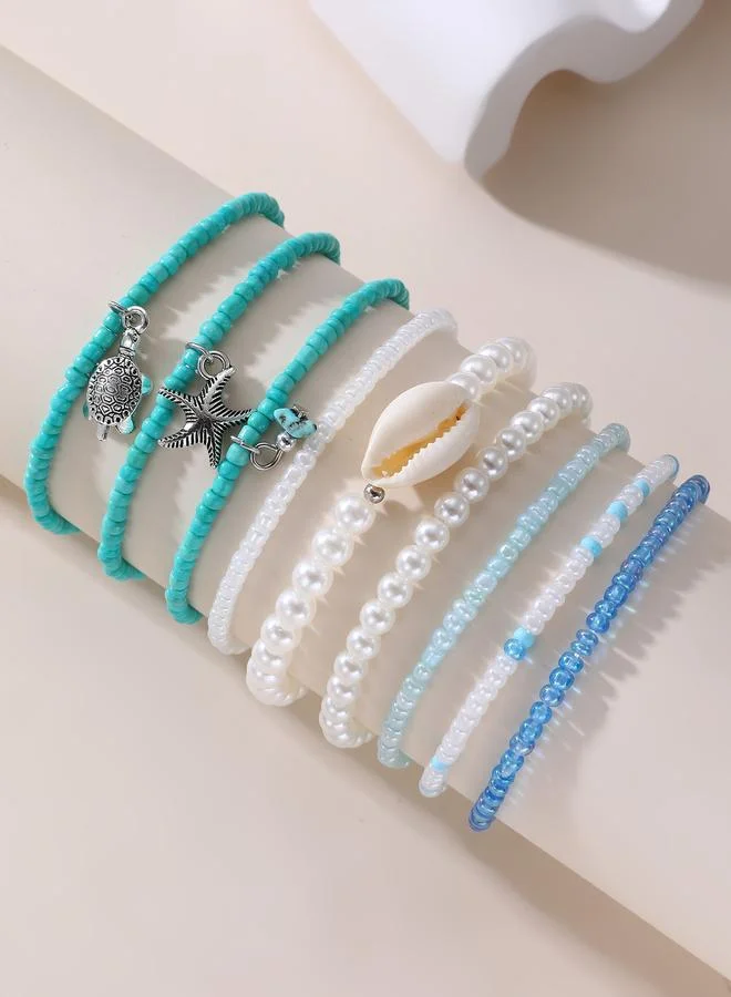 Pack of 9 - Girls Multi-Color Ocean Charms Beaded Bracelet
