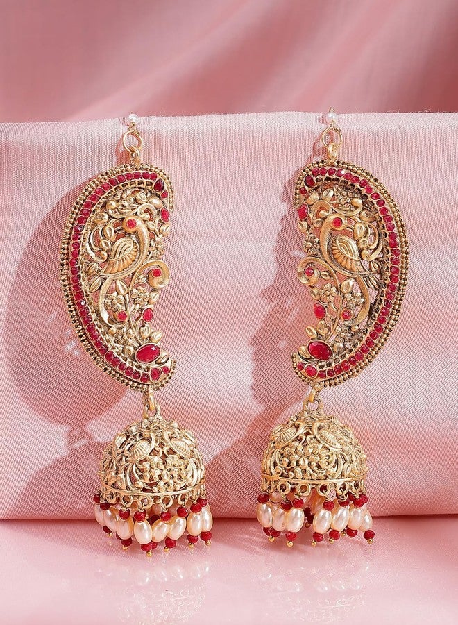 ADIVA 22K Gold-Plated Kundan & Glossy Green Pearl Beaded Classic Big Chandbali Earrings Set for women, Traditional Stylish Jhumka for Girls Party, Wedding, Festive - Image 3