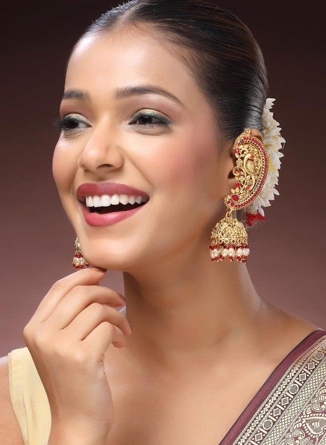 ADIVA 22K Gold-Plated Kundan & Glossy Green Pearl Beaded Classic Big Chandbali Earrings Set for women, Traditional Stylish Jhumka for Girls Party, Wedding, Festive - Image 2