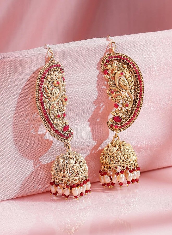 ADIVA 22K Gold-Plated Kundan & Glossy Green Pearl Beaded Classic Big Chandbali Earrings Set for women, Traditional Stylish Jhumka for Girls Party, Wedding, Festive - Image 4