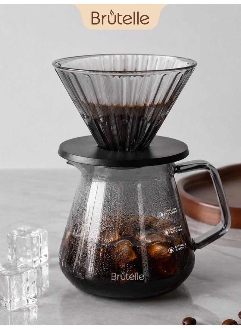Brutelle V60 Borosilicate Glass Pour Over Coffee Dripper Set – Thermal Shock Resistant, Eagle Spout for Splash-Free Pouring, Ribbed Filter Cup, 90° Chamfered Anti-Scald Handle, Heavy Duty Thick Wall (>260g) – Ideal for Hot Coffee & Ice Brewing, Home, Office, Coffee Corner - Image 1