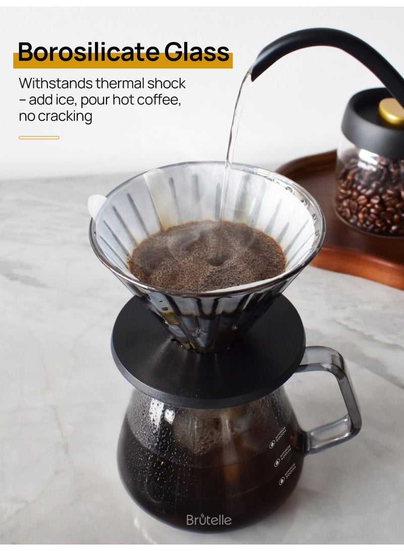 Brutelle V60 Borosilicate Glass Pour Over Coffee Dripper Set – Thermal Shock Resistant, Eagle Spout for Splash-Free Pouring, Ribbed Filter Cup, 90° Chamfered Anti-Scald Handle, Heavy Duty Thick Wall (>260g) – Ideal for Hot Coffee & Ice Brewing, Home, Office, Coffee Corner - Image 2