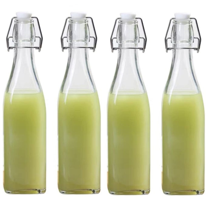 FLIP TOP GLASS BOTTLECLASSIC SWING TOP GLASS BOTTLES WITH LIDSCLEAR GLASS BEER BOTTLES FOR BEVERAGES OILVINEGAR BEER WATER SODA KEFIR AND SECOND FERMENTATION SQUAREPACK OF 4