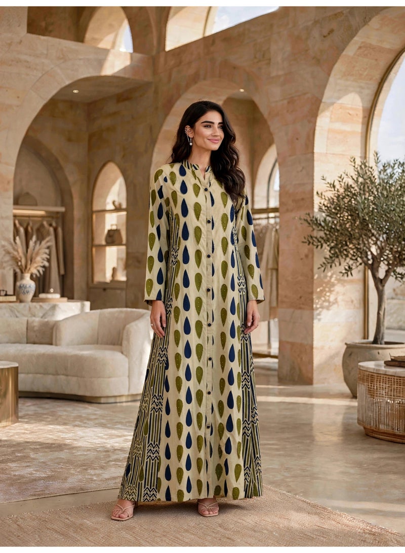 IKKXA Elegant Geometric Pattern Buttoned Maxi Dress IKTT12Green - Image 1