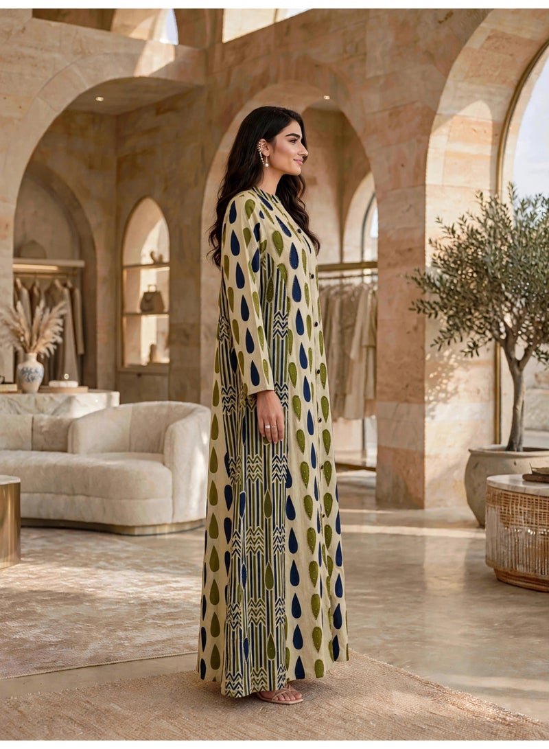 IKKXA Elegant Geometric Pattern Buttoned Maxi Dress IKTT12Green - Image 3