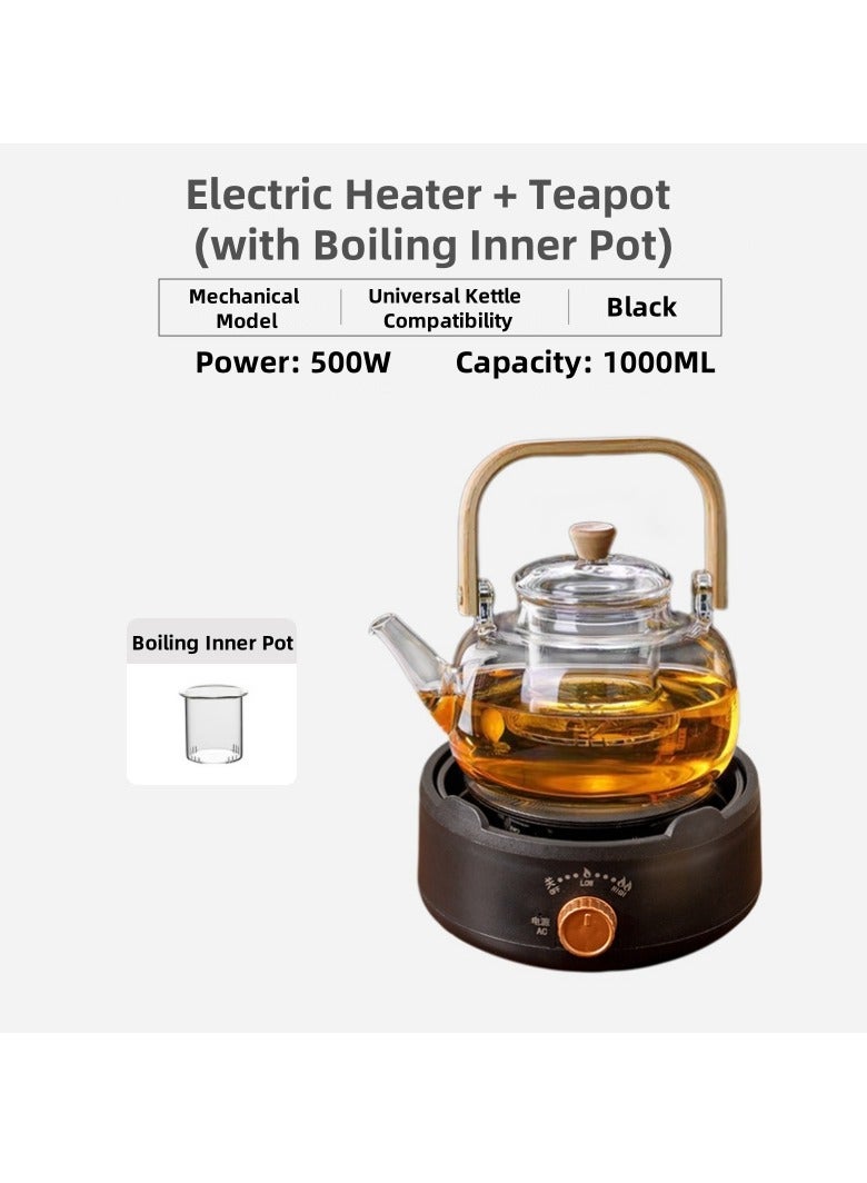500W Mini Coffee Pot Warmer Electric Tea Heater with Teapot - Mechanical Control, Universal Kettle Compatibility, 1000ML Capacity (Boiling Inner Pot Included)