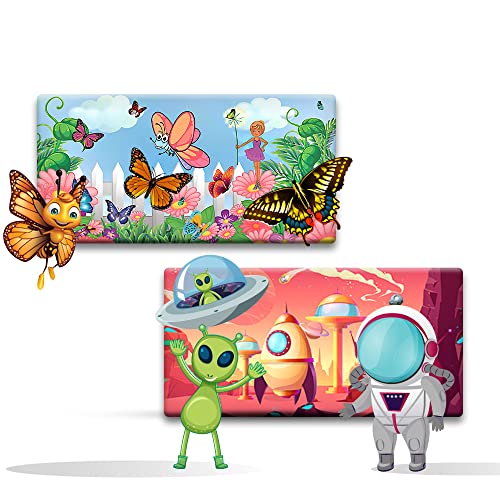 Ultra 3D Lenticular Fridge Magnets | Set of 2 | Cartoon Magical Fairy Butterfly Flowers Garden & Cartoon Alien Spaceship Theme for Kids & Girls - Image 1