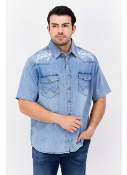 Wrangler Men Regular Fit Solid Short Sleeves Casual Shirt, Blue  - Image 1