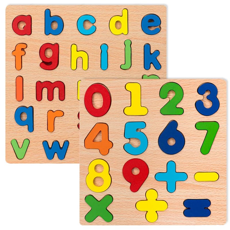 Winbar Wooden Puzzles for Toddlers 2 Pack Alphabet Shape Wooden Puzzles for Kids Montessori Toddler Wooden Alphabet Number Shape Learning Puzzle for Kids 3 Years Over Boys Girls - Image 1