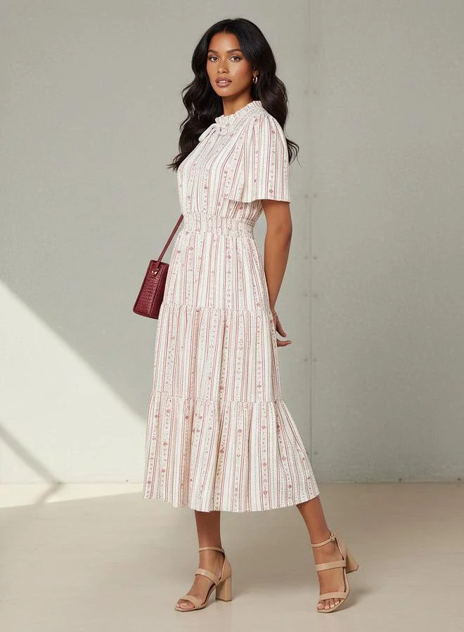Splash FAV Tiered Midi Textured Viscose Dress with Flutter Sleeves