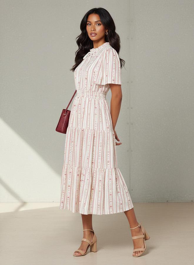 Splash FAV Tiered Midi Textured Viscose Dress with Flutter Sleeves - Image 2
