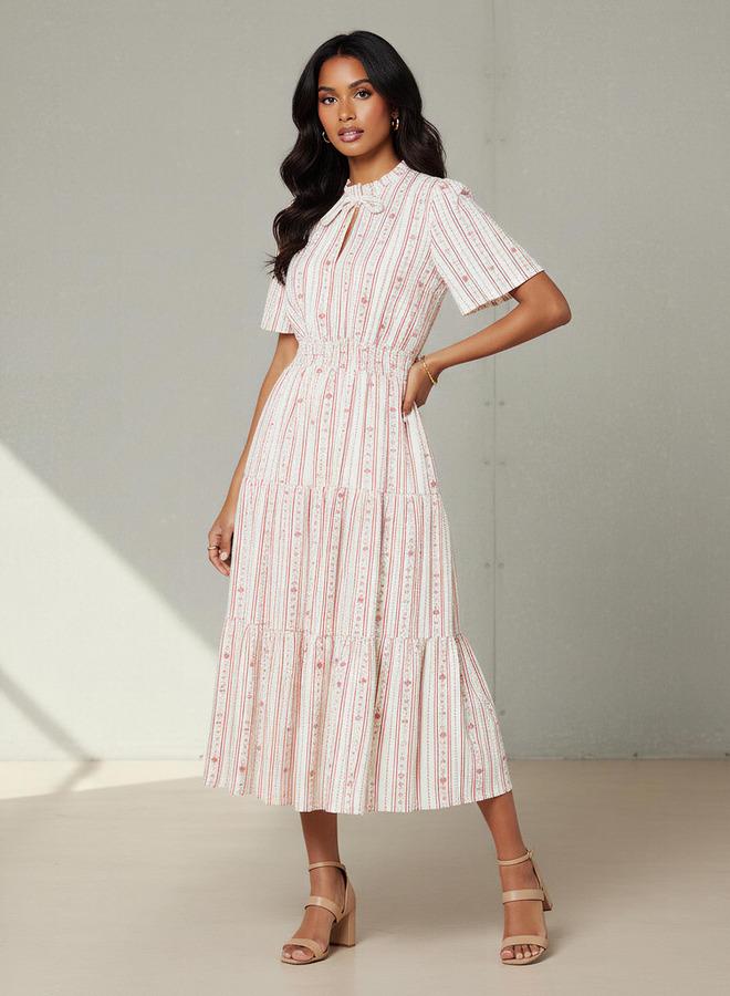 Splash FAV Tiered Midi Textured Viscose Dress with Flutter Sleeves - Image 1