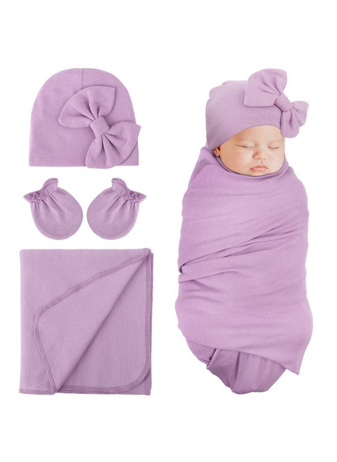DRESHOW DRESHOW BQUBO Newborn Receiving Blanket Bow Hat Gloves Set Cotton Warm Baby Swaddle Blanket Wrap Baby Sleep Sack Shower Gift  - Image 1