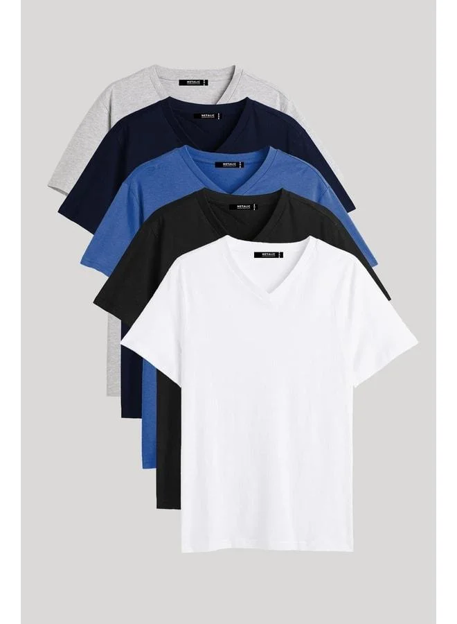 Men's Multicolor 100% Cotton V-Neck T-Shirt 5-Pack with Regular Fit and Comfortable Cut