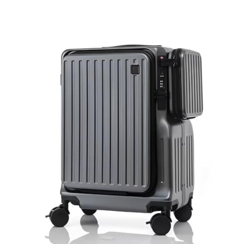 Carry On Luggage for airline travel: lightweight hardside spinner suitcase in gray with USB charging port, front pocket, and cup holder - Image 1