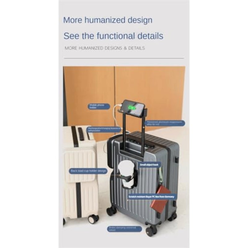 Carry On Luggage for airline travel: lightweight hardside spinner suitcase in gray with USB charging port, front pocket, and cup holder - Image 3