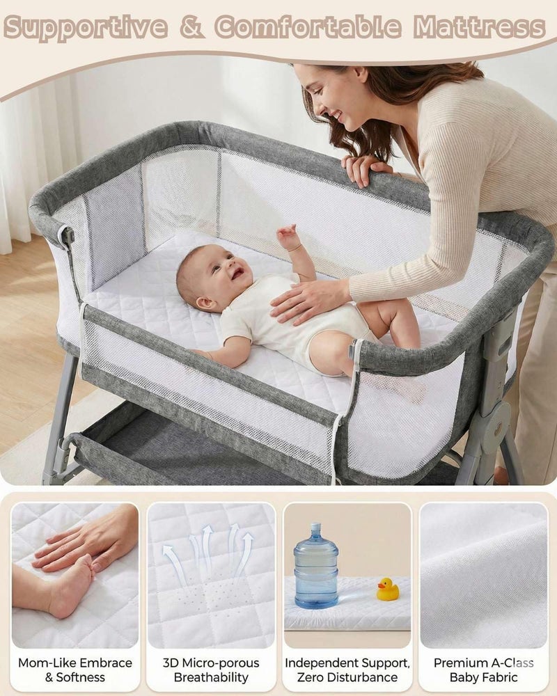 Luvkixen Bedside Bassinet for Baby, Sturdy 3 in 1 Bedside Sleeper with Mattress & Wheels, Height Adjustable, Breathable Mesh, Storage Basket, Easy to Assemble for Newborn, Grey - Image 4