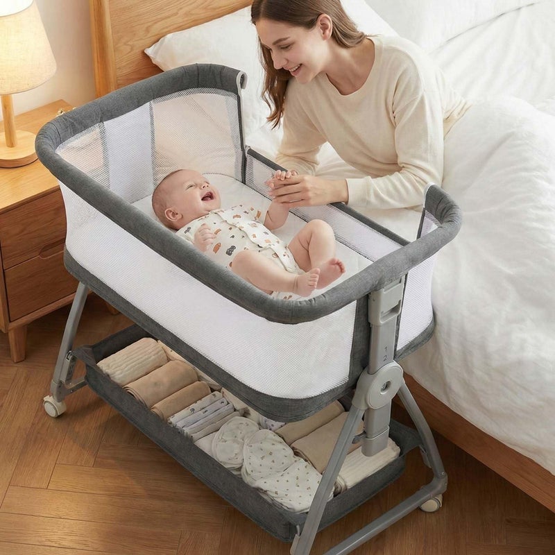 Luvkixen Bedside Bassinet for Baby, Sturdy 3 in 1 Bedside Sleeper with Mattress & Wheels, Height Adjustable, Breathable Mesh, Storage Basket, Easy to Assemble for Newborn, Grey - Image 1