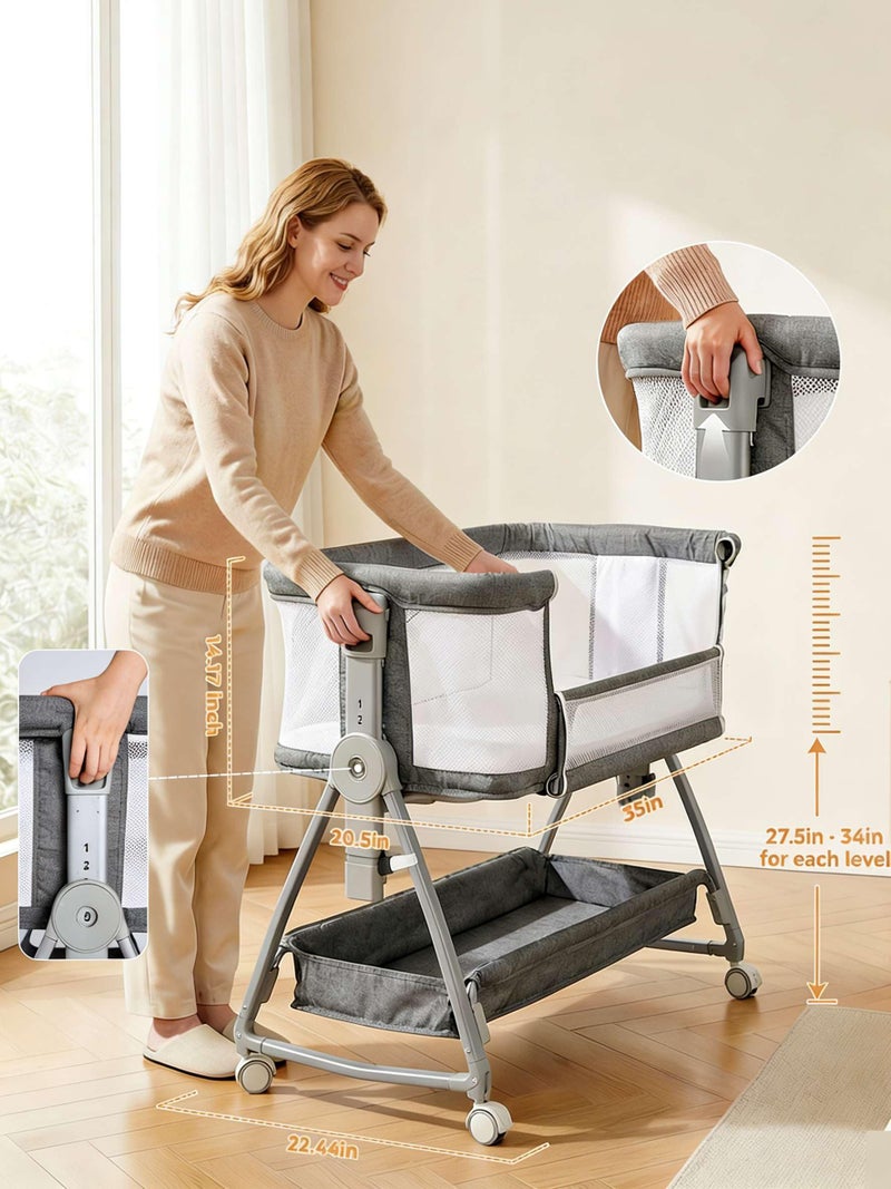 Luvkixen Bedside Bassinet for Baby, Sturdy 3 in 1 Bedside Sleeper with Mattress & Wheels, Height Adjustable, Breathable Mesh, Storage Basket, Easy to Assemble for Newborn, Grey - Image 2