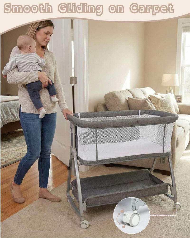 Luvkixen Bedside Bassinet for Baby, Sturdy 3 in 1 Bedside Sleeper with Mattress & Wheels, Height Adjustable, Breathable Mesh, Storage Basket, Easy to Assemble for Newborn, Grey - Image 3