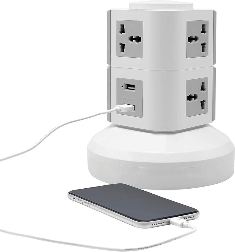 SAFFRON Universal Vertical Socket Electrical Tower Extension Outlet with USB Ports 3M Cord and UK-Plug Power Strip Multi Charging Station (Gray) - Image 2