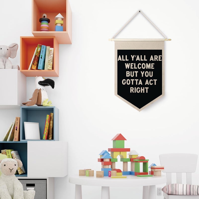 Qpenm All Are Welcome Hanging Wall Canvas Banner,Welcome Hanging Pennant Flag Prints,Funny Posters & Prints Canvas Banner,Funny Classroom Home Living Room Office Wall Art Decor - Image 2