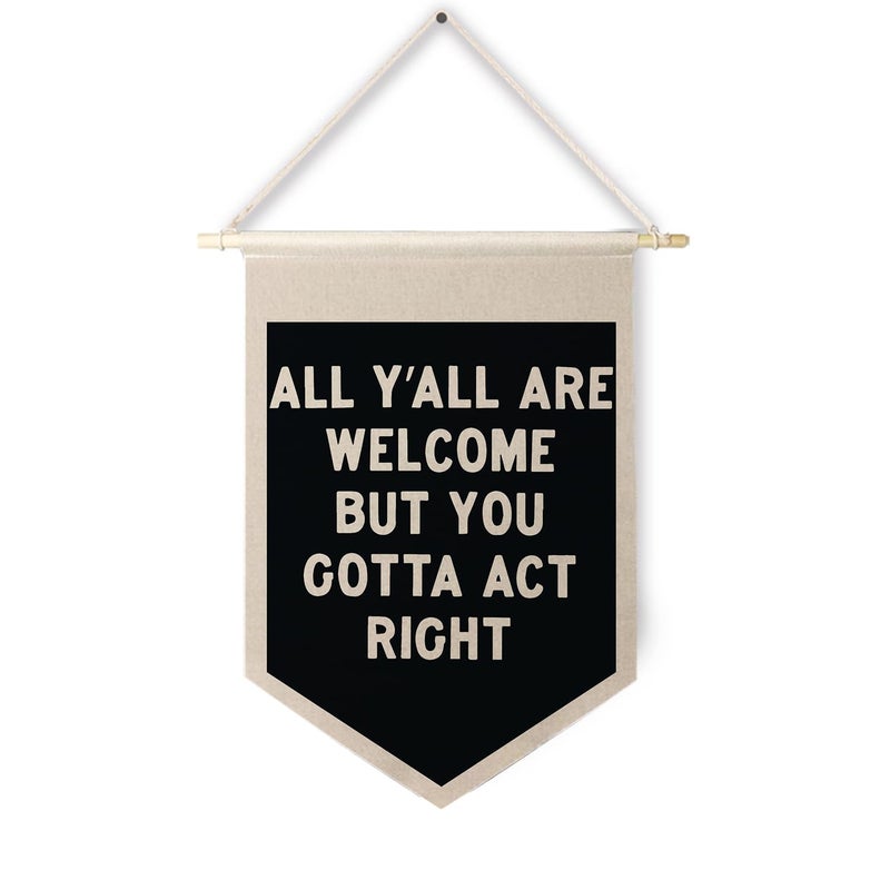 Qpenm All Are Welcome Hanging Wall Canvas Banner,Welcome Hanging Pennant Flag Prints,Funny Posters & Prints Canvas Banner,Funny Classroom Home Living Room Office Wall Art Decor - Image 1