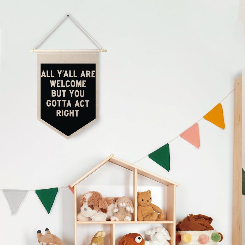 Qpenm All Are Welcome Hanging Wall Canvas Banner,Welcome Hanging Pennant Flag Prints,Funny Posters & Prints Canvas Banner,Funny Classroom Home Living Room Office Wall Art Decor - Image 4