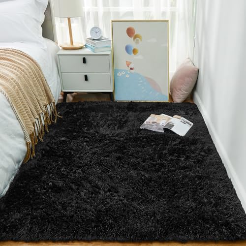 Ophanie Black Area Rugs for Bedroom Living Room, 4x6 Fluffy Fuzzy Shag Shaggy Carpet Soft Plush Furry Bedside Rug, Indoor Floor Rug for Kids Girls Boys Home Decor Aesthetic, Dorm Nursery - Image 3