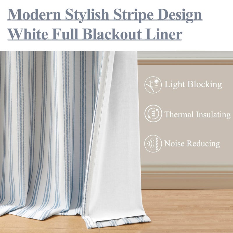 ZJDECOR Blue Striped Blackout Curtains 84 Inches Length,Ticking Stripe on White Cotton Blended Light Filtering Fabric with White Liner,Modern Bedroom Window Treatment,Back Tab Rod Pocket,55" Wx84 Lx2 - Image 3