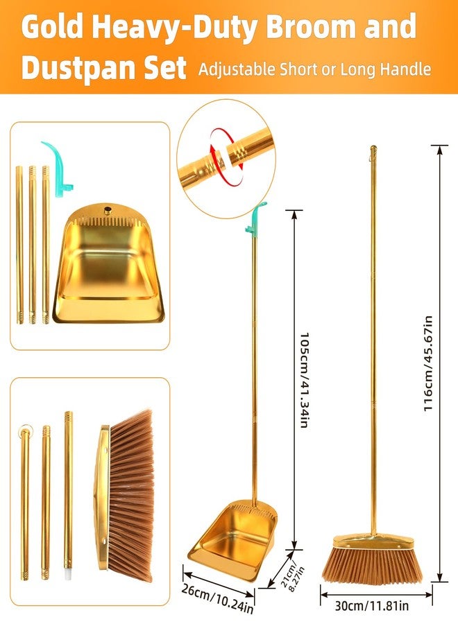 ZTZ Gold Stainless Steel Broom and Dustpan Set, 2-Piece Long Handle Standing Pan with Comb Teeth, Heavy Duty Windproof Upright Design for Home, Kitchen, Indoor Outdoor Use - Image 2