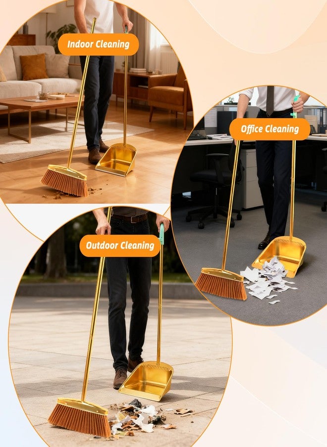 ZTZ Gold Stainless Steel Broom and Dustpan Set, 2-Piece Long Handle Standing Pan with Comb Teeth, Heavy Duty Windproof Upright Design for Home, Kitchen, Indoor Outdoor Use - Image 3