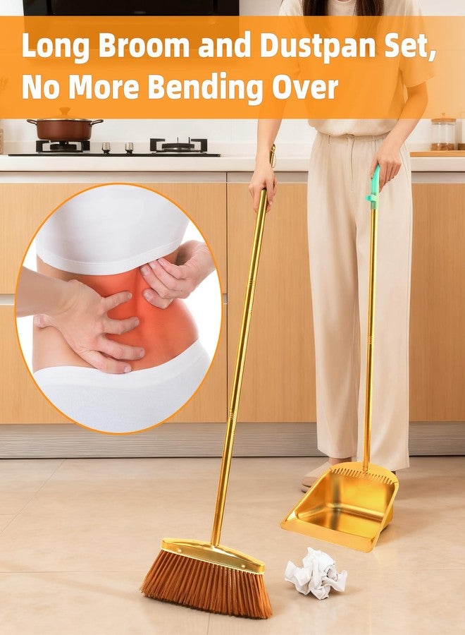 ZTZ Gold Stainless Steel Broom and Dustpan Set, 2-Piece Long Handle Standing Pan with Comb Teeth, Heavy Duty Windproof Upright Design for Home, Kitchen, Indoor Outdoor Use - Image 4