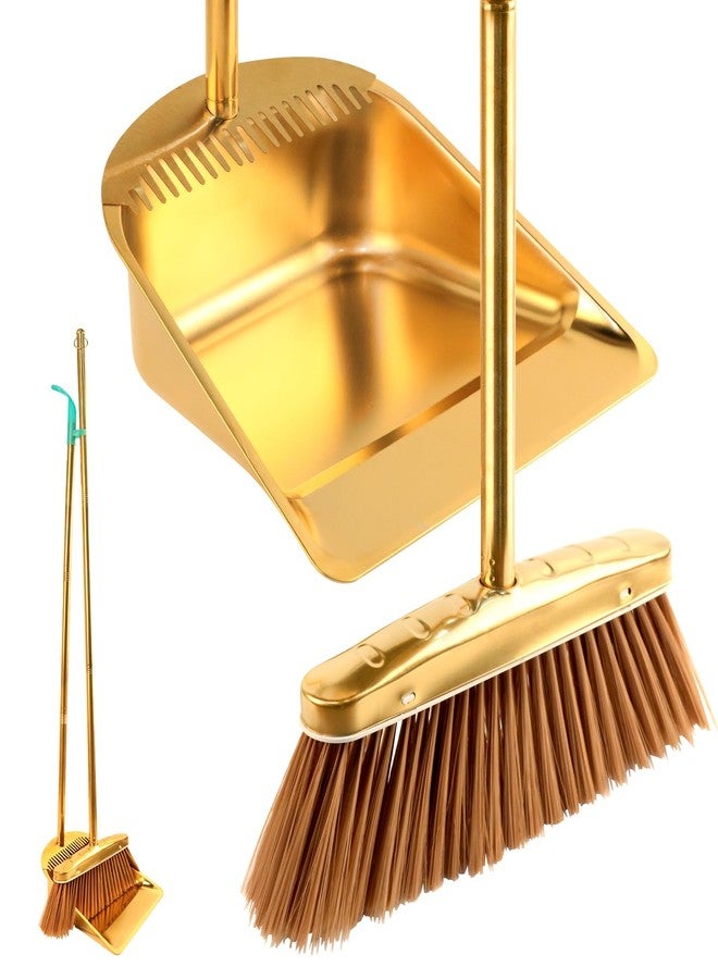 ZTZ Gold Stainless Steel Broom and Dustpan Set, 2-Piece Long Handle Standing Pan with Comb Teeth, Heavy Duty Windproof Upright Design for Home, Kitchen, Indoor Outdoor Use - Image 1
