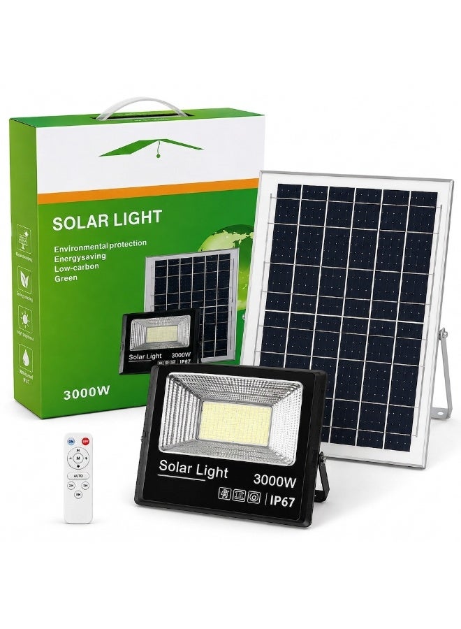 كشاف إضاءة LED بالطاقة الشمسية 3000 واط مع لوح شمسي عالي الكفاءة، مقاوم للماء IP67، ريموت كنترول وحامل قابل للتعديل للإضاءة الخارجية - Image 1