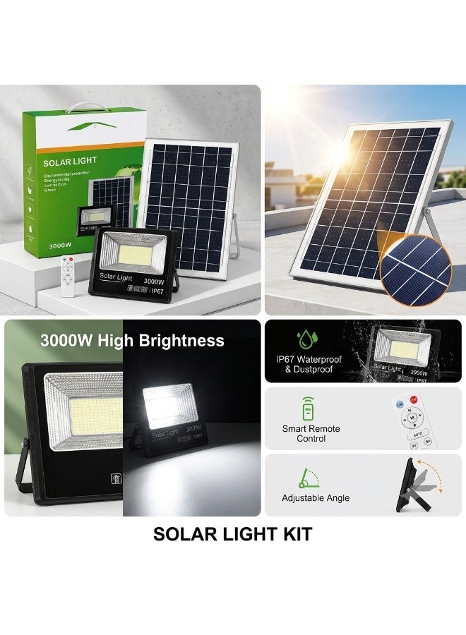 كشاف إضاءة LED بالطاقة الشمسية 3000 واط مع لوح شمسي عالي الكفاءة، مقاوم للماء IP67، ريموت كنترول وحامل قابل للتعديل للإضاءة الخارجية - Image 3