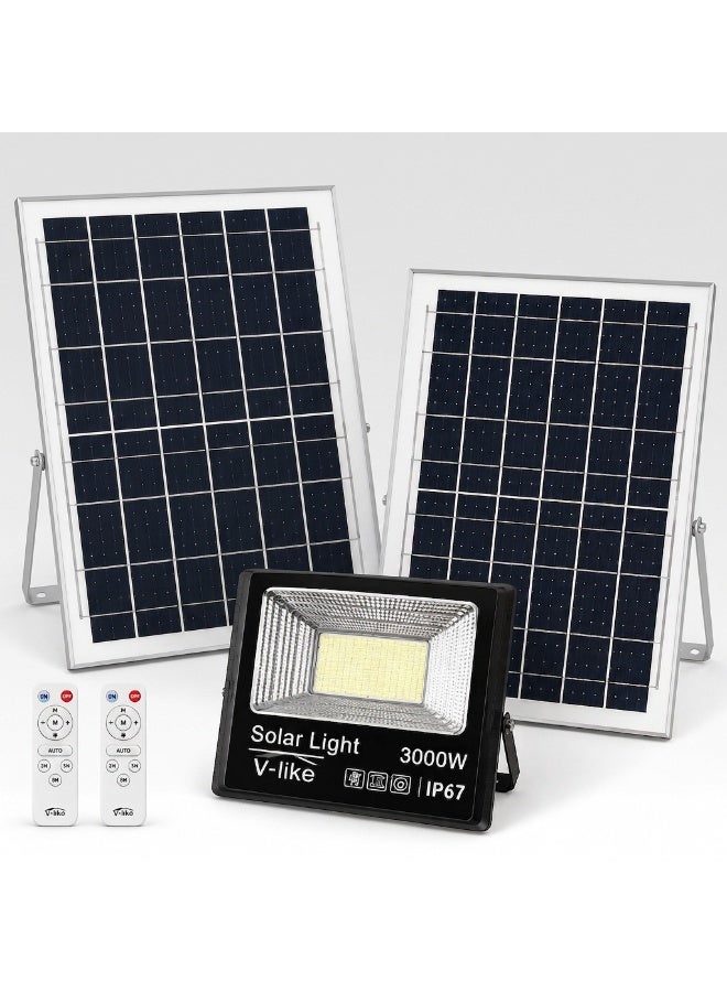 كشاف إضاءة LED بالطاقة الشمسية 3000 واط مع لوح شمسي عالي الكفاءة، مقاوم للماء IP67، ريموت كنترول وحامل قابل للتعديل للإضاءة الخارجية - Image 2