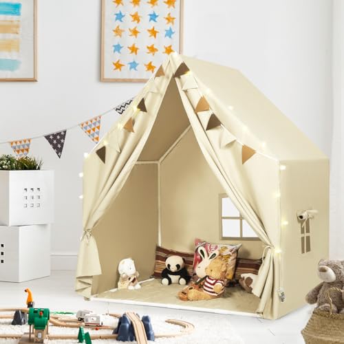 MORITECK Kids Play Tent with Padded Mat Star LED Lights for Ages 4810 Year Old Girls Boys Large Cute Indoor Play Room House Tent for Toddler Children Beige - Image 5