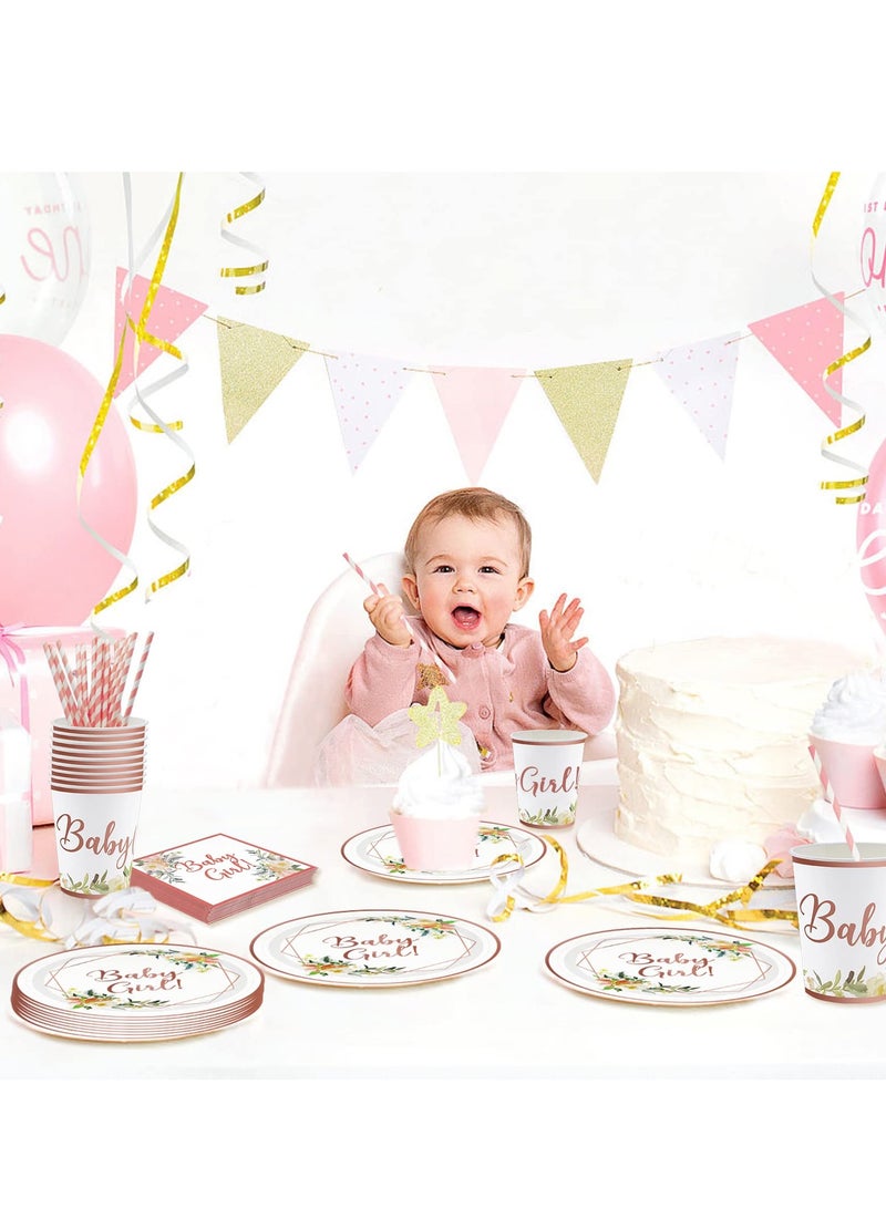 120-Piece Pink Baby Girl Party Tableware Set - Disposable Plates, Cups, and Napkins for Baby Showers, Birthday Parties, and Floral Decorations (Serves 24 Guests) - Image 2