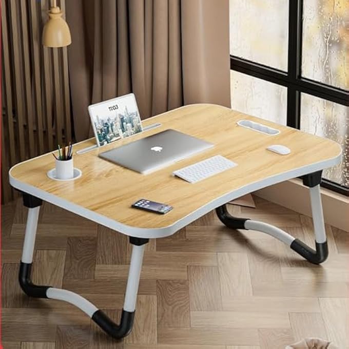 rayihni FOLDABLE LAPTOP TABLE, LAPTOP BED TRAY TABLE FOR BED, SOFA, DINNER BED PORTABLE BED TRAY WITH STURDY PORTABLE CUP HOLDER FOR EATING, WRITING, WORKING, WALNUT - Image 1