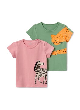 Tchibo Kids Girl 2 Pcs Printed T-Shirts, Olive/Pink  - Image 2