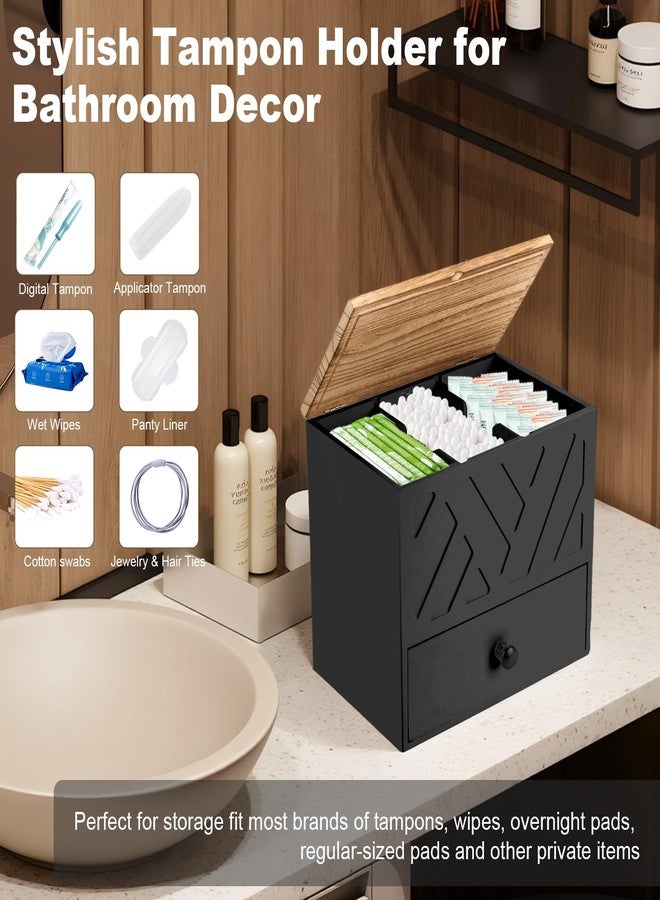 MROUEN Tampon Holder for Bathroom, Feminine Product Organizer with Lid and Drawer, Wooden Shark Week Pad Storage, Tampon Organizer for Toilet Tank Countertop Decor, Girl Stuff Box Toilet Bathroom Accessories - Image 2