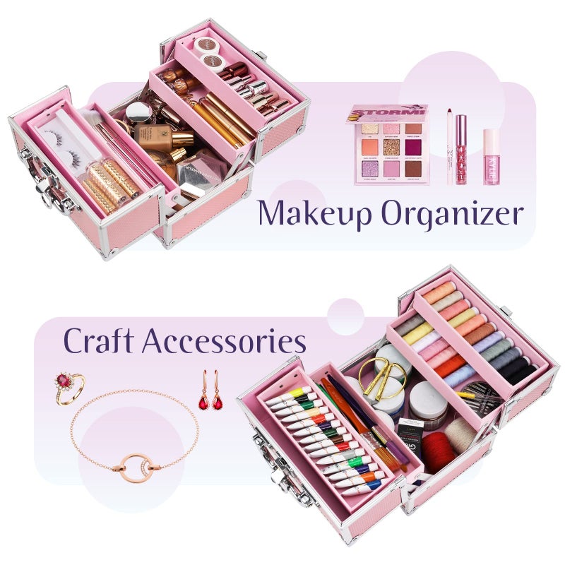 FRENESSA Jewelry boxes Makeup Case 4 Trays Cosmetic Box Lockable Beauty Organiser Holder Box for Kids Jewelry storage box (Color : Pink) - Image 2