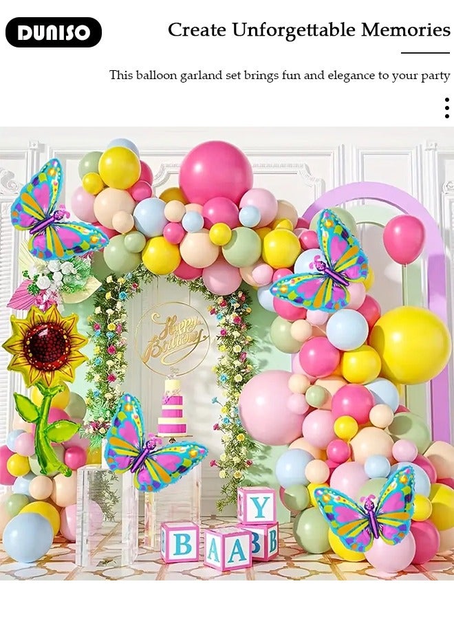 DUNISO طقم قوس بالونات باستيل، 158 قطعة بالونات لحفلة عيد الميلاد، زينة فراشة، زينة عيد ميلاد عباد الشمس، قوس بالونات عيد ميلاد سعيد للفتيات، زينة حفلة استحمام الأطفال، زينة حفلة التخرج - Image 2